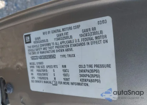 2003 Chevrolet S Truck S10 z USA, uszkodzony, nr VIN 1GCCS14X338208562